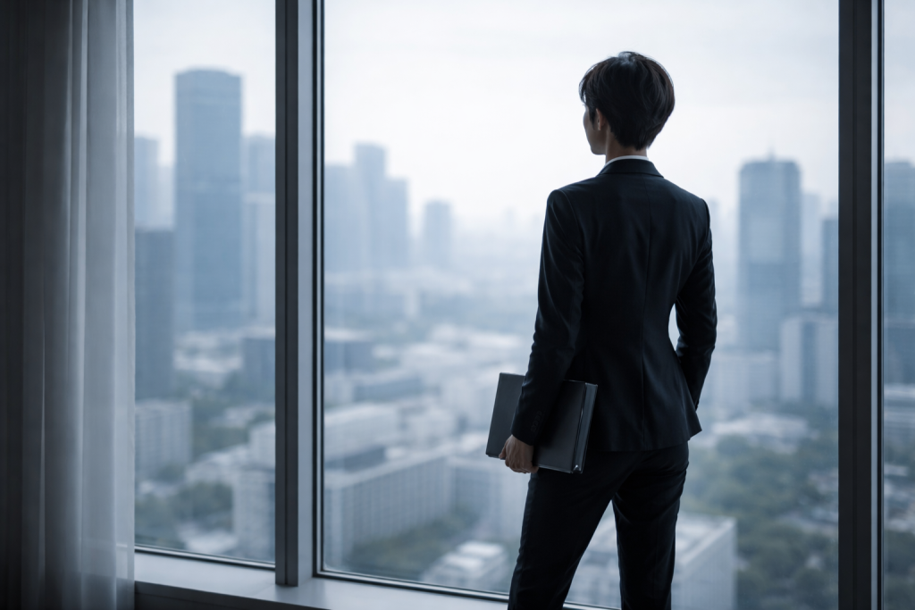 Stemningsbillede: person ved vindue med udsigt over byen, der står med tablet eller rapport og kigger ud – roligt øjeblik med refleksion og perspektiv.