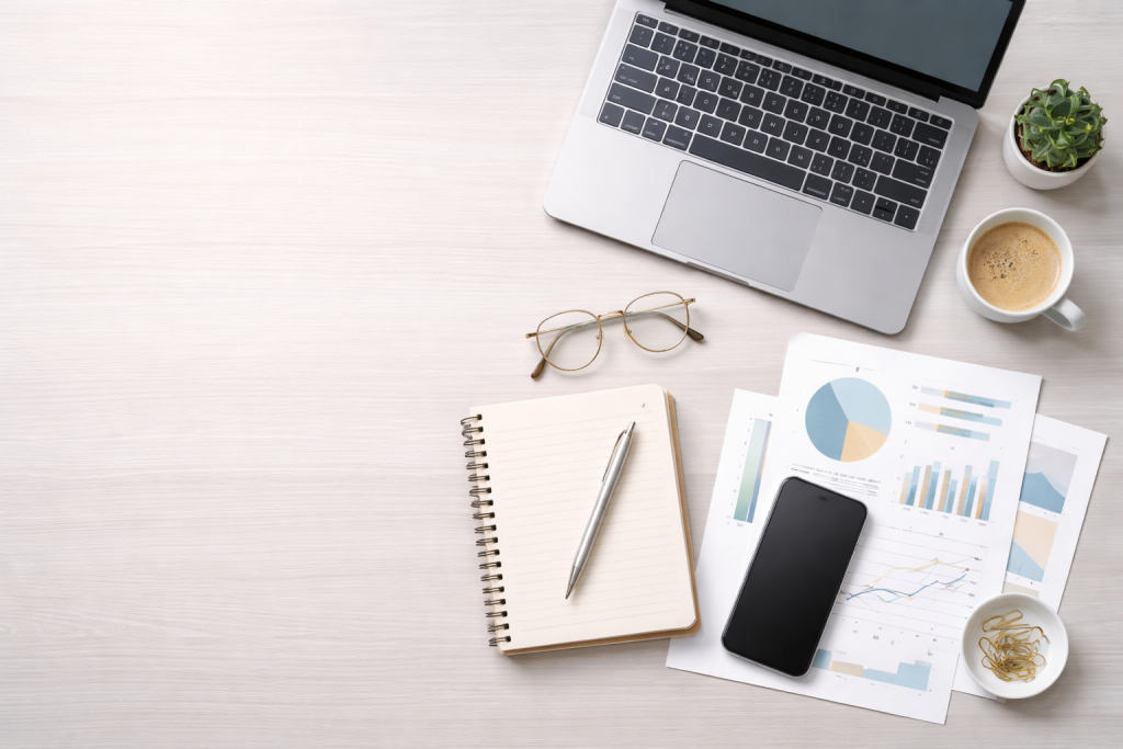 Standard blogheader: bredt kontorlandskab set oppefra gennemskudt bord med laptop, notesbog, briller og printede grafer – fleksibel visuel til mange emner.