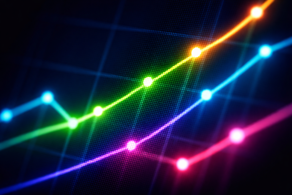 Detaljebillede: meget tæt på skærm med datapunkter og linjegraf, hvor pixelstrukturen og lyset fremhæves – fokus på præcision og dataindsigt.