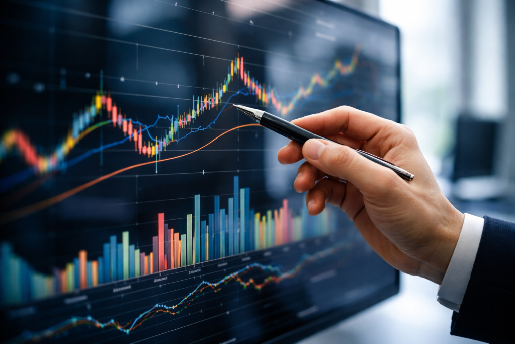 Servicesektion – markedsanalyse: analytiker hånd på pegepind eller pen, der peger på en skærm med markeds- og trendgrafer, tæt udsnit og fokus på data.