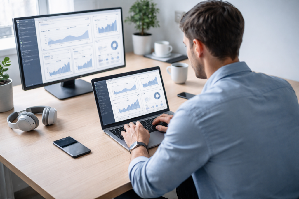 Servicesektion – digitalisering & teknologi: scene med person, der arbejder på laptop med dashboards og data, omgivet af moderne tech-miljø.