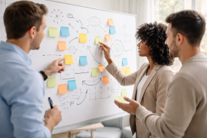 Servicesektion – strategi & fremtidens forretning: gruppe ved whiteboard med post-its og skitserede modeller – fokus på strategi, scenarier og beslutninger.